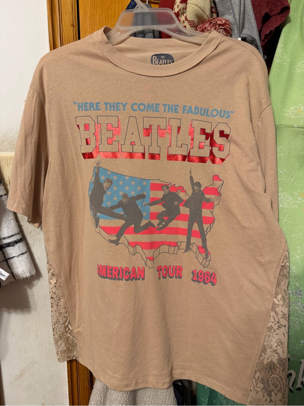 Hybrid Apparel Tan Beatles Short Sleeve Graphic Tee with Red and Blue Print